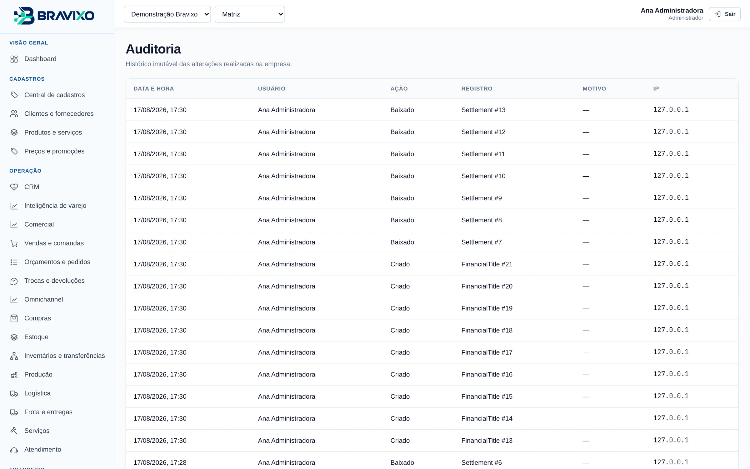 Tela de auditoria do Bravixo, com o registro de eventos do sistema por usuário, data e tipo de ação.